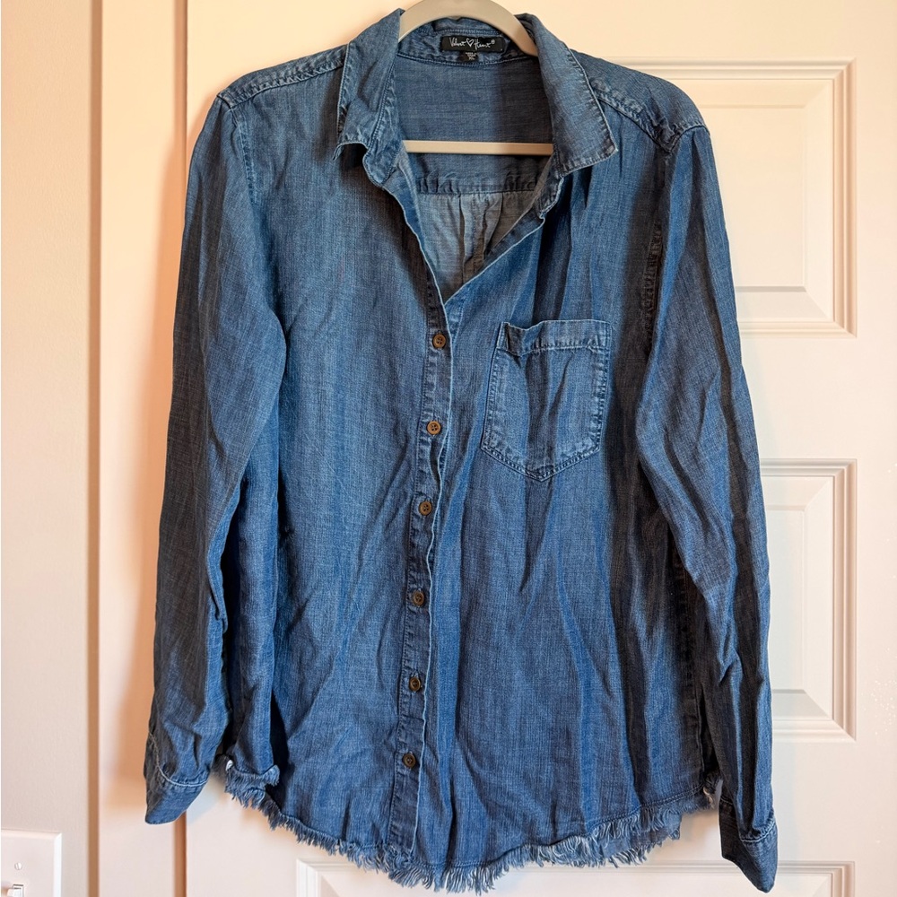 Worn once! Denim Button-Up Shirt with raw hem. XL